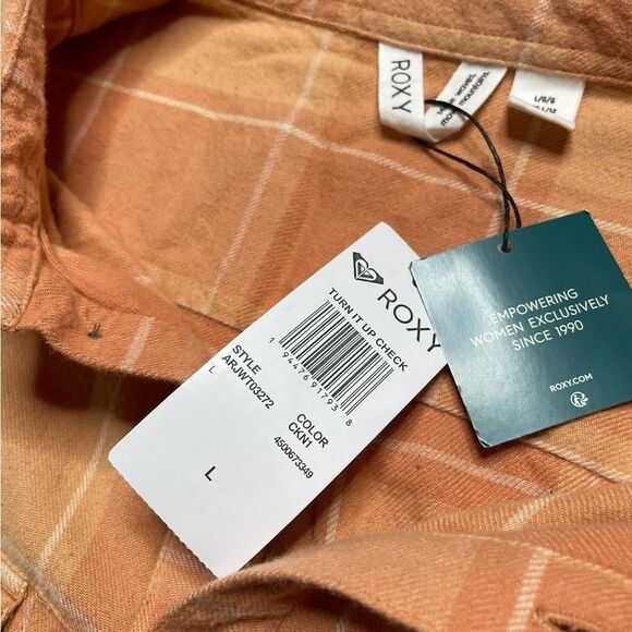NWT ROXY Turn It Up Check Button Down Shirt Orange White Size Large - Picture 6 of 10
